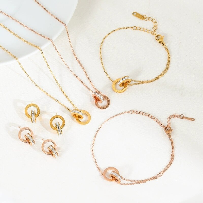 Jewelry Set Factory - 18K Gold Roman Number Interlocked Circles Zircon Set