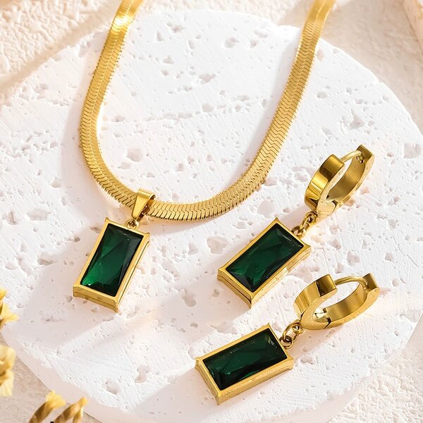 Jewelry Set Factory - Green Emerald 18K Gold Necklace Earrings Wedding Gift