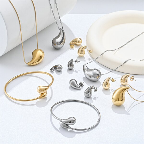 Jewelry Set Factory - 18K Gold Stainless Steel Hollow Water Drop Shape Set