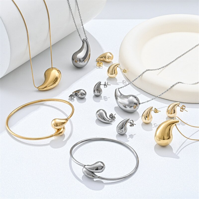 Jewelry Set Factory - 18K Gold Stainless Steel Hollow Water Drop Shape Set