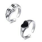 Heart Ring Factory - Antique Silver Plated Cry Sad Face Black Heart Open