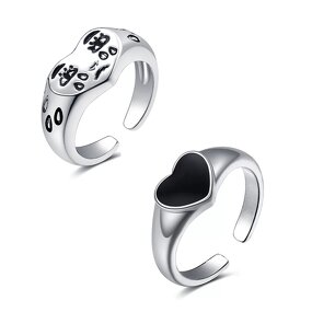 Heart Ring Factory - Antique Silver Plated Cry Sad Face Black Heart Open