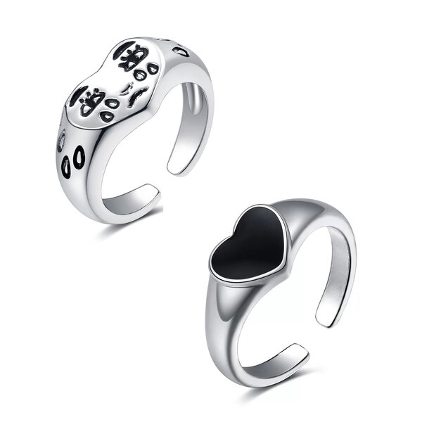Heart Ring Factory - Antique Silver Plated Cry Sad Face Black Heart Open