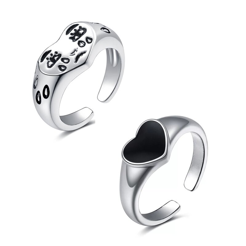 Heart Ring Factory - Antique Silver Plated Cry Sad Face Black Heart Open