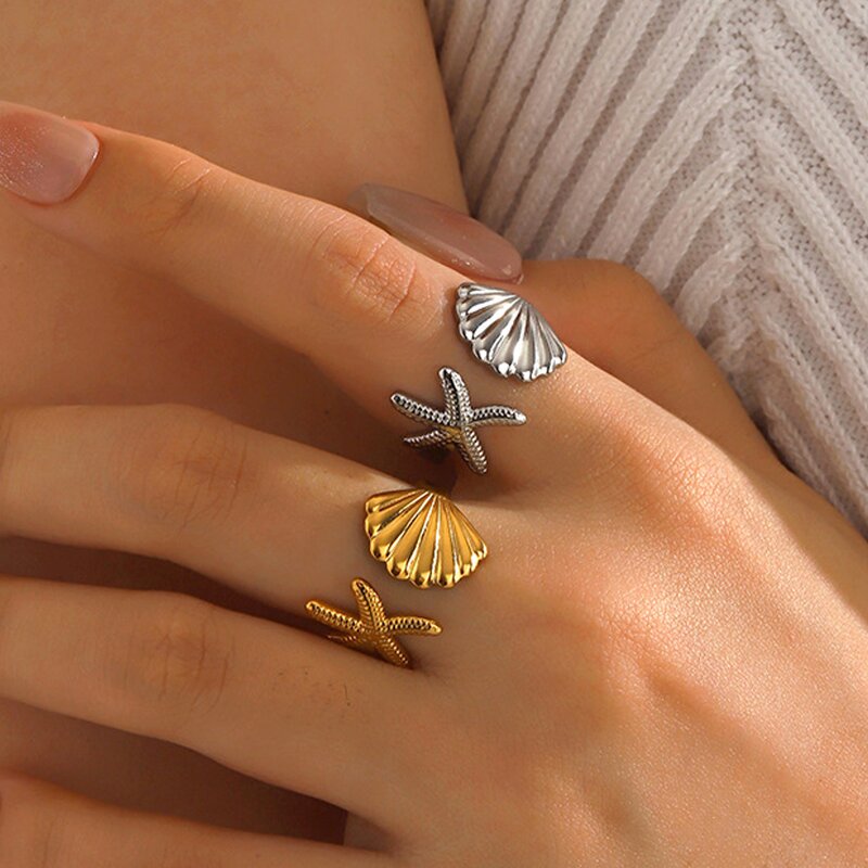 Seashell Ring Factory - Stainless Steel Starfish Sea Shell 18K Gold Seashell