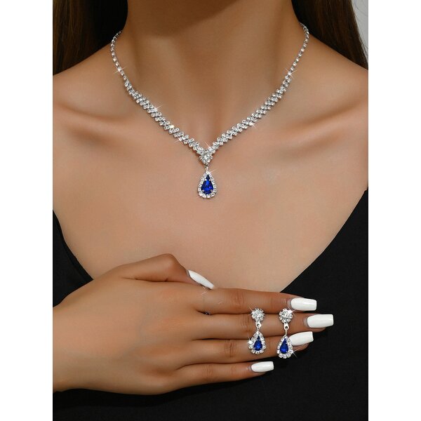 Jewelry Set Factory - Brilliant Full Diamond Zircon Water Drop Necklace Earrings Wholesale