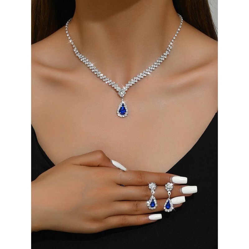 Jewelry Set Factory - Brilliant Full Diamond Zircon Water Drop Necklace Earrings Wholesale