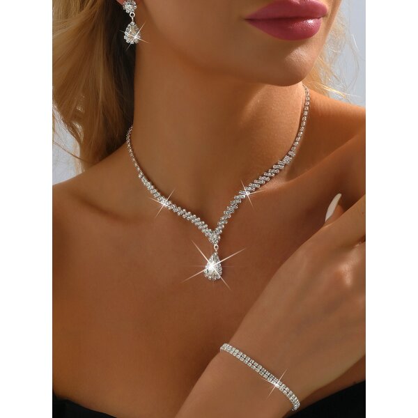 Jewelry Set Manufacturer - New Wholesale Metal Inlaid Diamond Necklace Earrings Set Combination