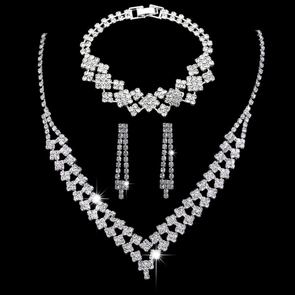 Jewelry Set Manufacturer - New Wholesale Metal Inlaid Diamond Necklace Earrings Bridal Set