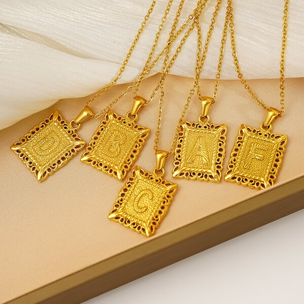 Letter Necklace Factory - Musesure Cross-Border 18K Gold-Plated Square Hollow Stainless Steel
