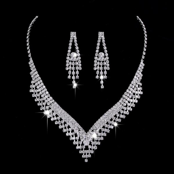 Jewelry Set Factory - Brilliant Full Diamond Zircon Water Drop Necklace Earrings Bridal
