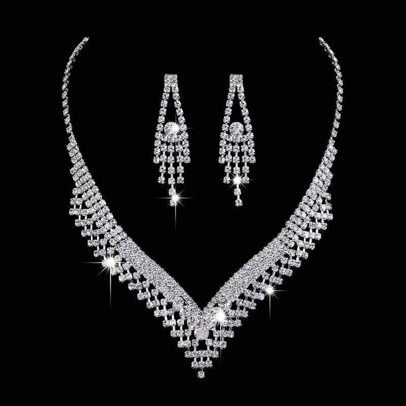 Jewelry Set Factory - Brilliant Full Diamond Zircon Water Drop Necklace Earrings Bridal