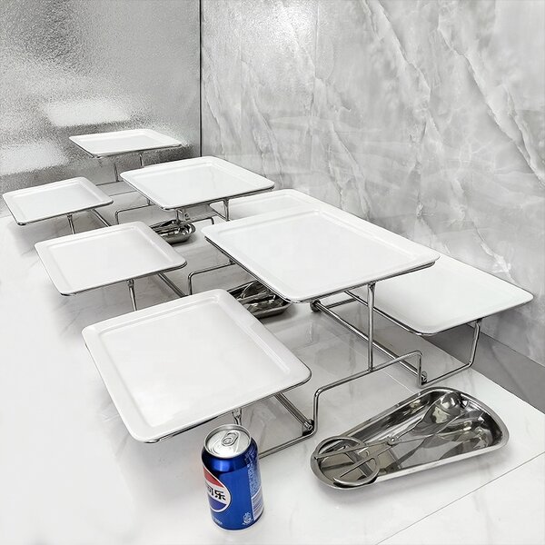 Catering Display Stand Manufacturer - OEM/ODM Custom Stainless Steel Two Tier Catering Display Stands with Ceramic Plates