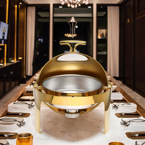 Hot Pot Chafer Set Factory - OEM/ODM Custom Luxury Gold Round Hot Pot Chafer Dishes Buffet Set with Stove