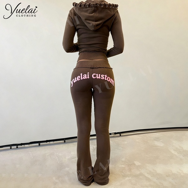 Zip-up Tracksuit Set Factory - OEM/ODM Custom Wholesale Women's Zip-up Cotton Tracksuit Loungewear Set Cropped Hoodie