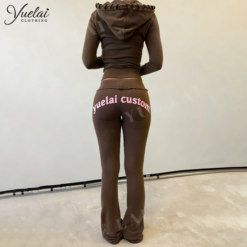 Zip-up Tracksuit Set Factory - OEM/ODM Custom Wholesale Women's Zip-up Cotton Tracksuit Loungewear Set Cropped Hoodie