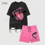 Men's T-Shirt Set Factory - OEM/ODM Custom Men's Pure Cotton Acid Washed Faded Bleached T-Shirt Shorts Set