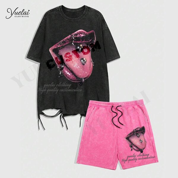 Men's T-Shirt Set Factory - OEM/ODM Custom Men's Pure Cotton Acid Washed Faded Bleached T-Shirt Shorts Set