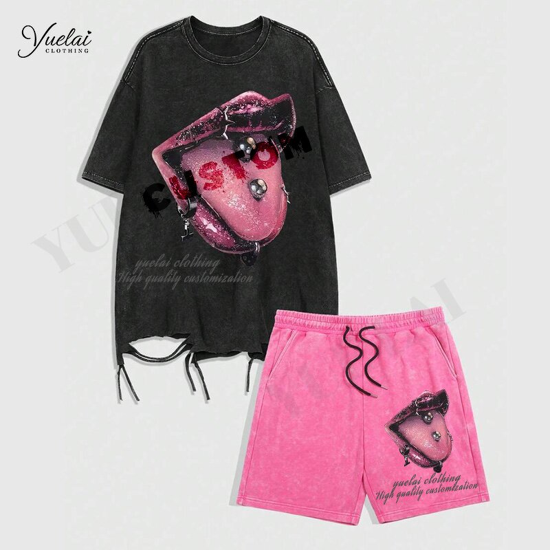 Men's T-Shirt Set Factory - OEM/ODM Custom Men's Pure Cotton Acid Washed Faded Bleached T-Shirt Shorts Set