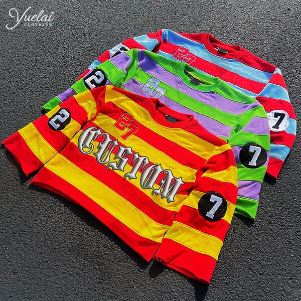 Men's T-Shirt Factory - OEM/ODM Custom Men's Hip Hop Embroidered Logo Stitching French Terry T-Shirt Color Block Stripe