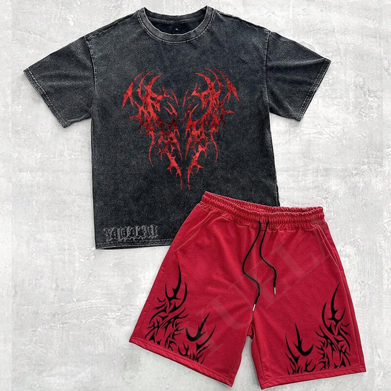 T-Shirt Shorts Set Manufacturer - OEM/ODM Custom High Quality Vintage Distressed T-Shirt Set Digital Printing