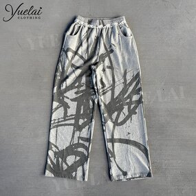 Sweatpants Factory - OEM/ODM Custom Logo Washed French Terry 100%Cotton Sweatpants Full Printing Unisex Vintage Flared