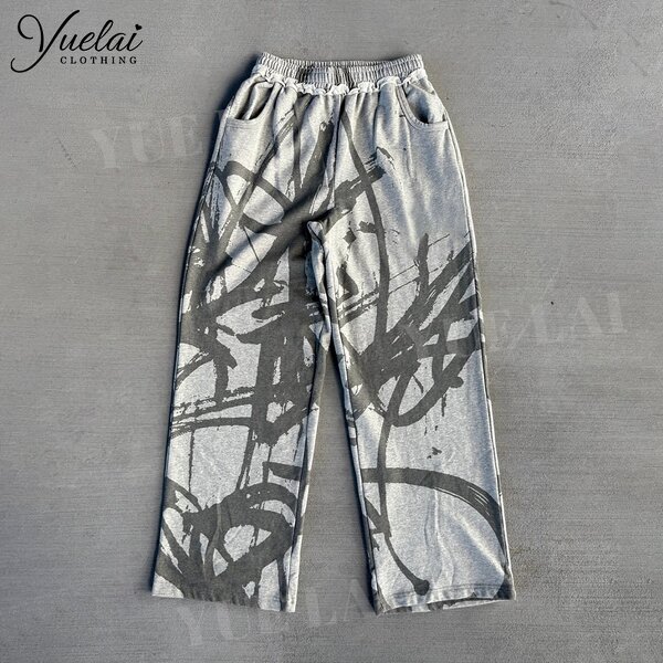 Sweatpants Factory - OEM/ODM Custom Logo Washed French Terry 100%Cotton Sweatpants Full Printing Unisex Vintage Flared