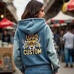 Denim Style Hoodies Factory - OEM/ODM Custom Clothing Manufacturers Logo Printing Denim Style Women's Zip up Hoodies