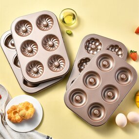 Doughnut Cake Baking Mold Factory - OEM/ODM Custom 6 Cups Carbon Steel Champagne Gold Nonstick Bakeware Doughnut Cake Mold