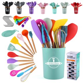 15pcs Kitchen Utensil Set Manufacturer - OEM/ODM Custom 15pcs Wooden Handle Silicone Utensil Set with Holder Hook