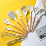 Kitchen Utensil Set Factory - OEM/ODM Custom Food Safe Nonstick White Silicone Utensil Set with Wooden Handle