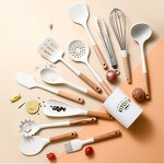 White Kitchen Utensil Set Manufacturer - OEM/ODM Custom Food Safe Nonstick White Silicone Kitchen Utensil Set Wooden Handle