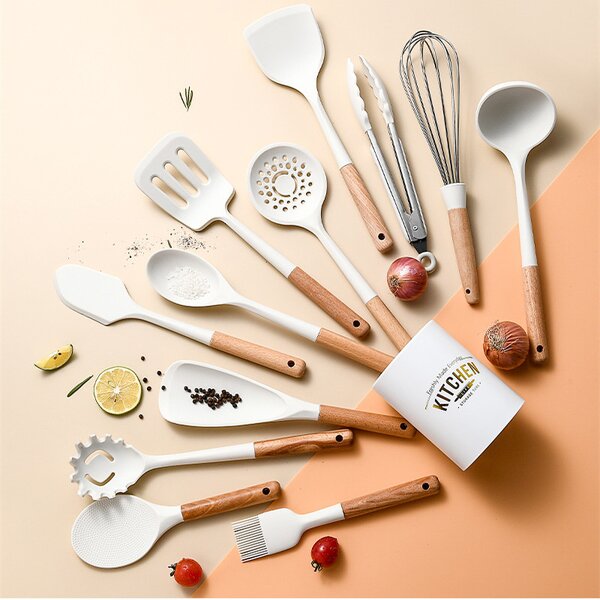 White Kitchen Utensil Set Manufacturer - OEM/ODM Custom Food Safe Nonstick White Silicone Kitchen Utensil Set Wooden Handle