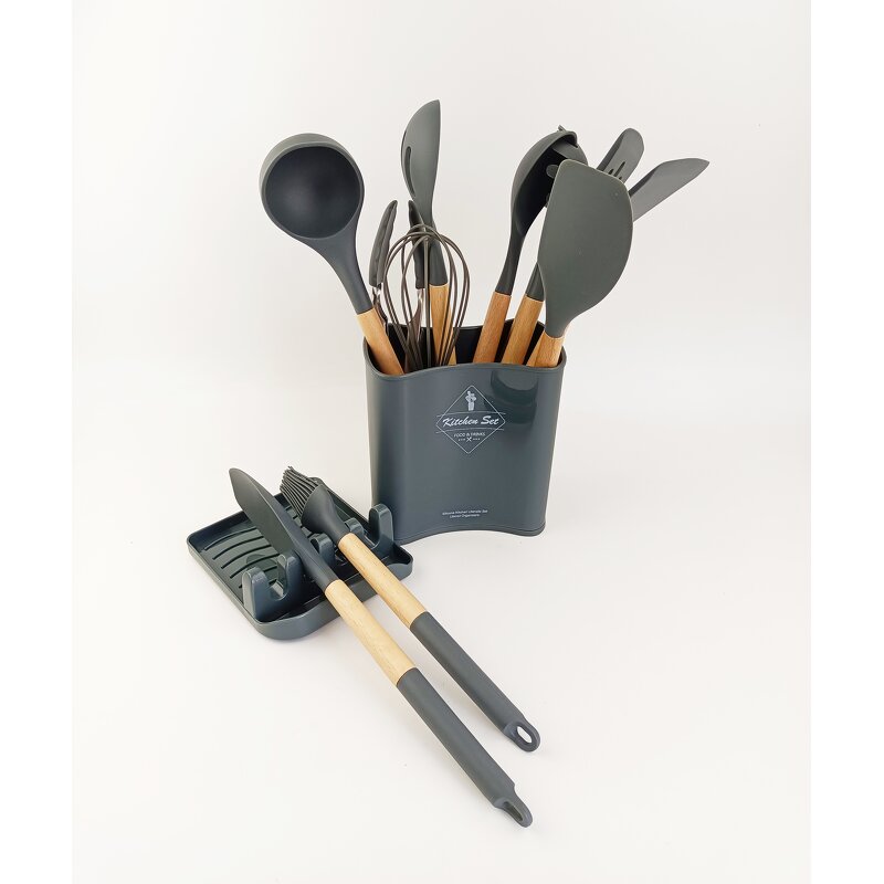 Kitchen Utensil Set Factory - OEM/ODM Custom 13pcs Wood Handle Silicone Cooking Utensil Set Gadgets