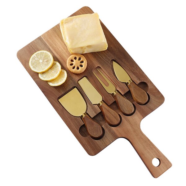 Cheese Board Set Factory - OEM/ODM Custom Acacia Wooden Rectangle Cheese Cutting Board Serving Tray 4pcs Cheese Knives Set