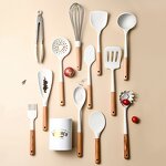 White Kitchen Utensil Set Manufacturer - OEM/ODM Custom Food Safe Nonstick White Silicone Kitchen Utensil Set Wooden Handle