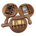Round Cheese Board Set Manufacturer - OEM/ODM Custom Acacia Wooden Round Cheese Cutting Board Serving Tray 4pcs Knives Set