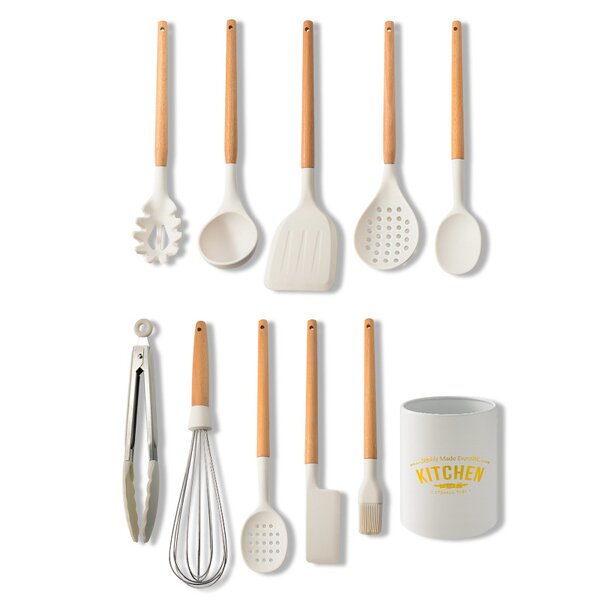 Kitchen Utensil Set Factory - OEM/ODM Custom Food Safe Nonstick White Silicone Utensil Set with Wooden Handle