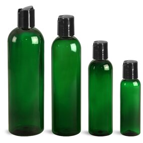 Plastic Bottles Manufacturer - OEM/ODM Custom Green PET Cosmo Rounds with Smooth Black Disc Top Caps 250ml