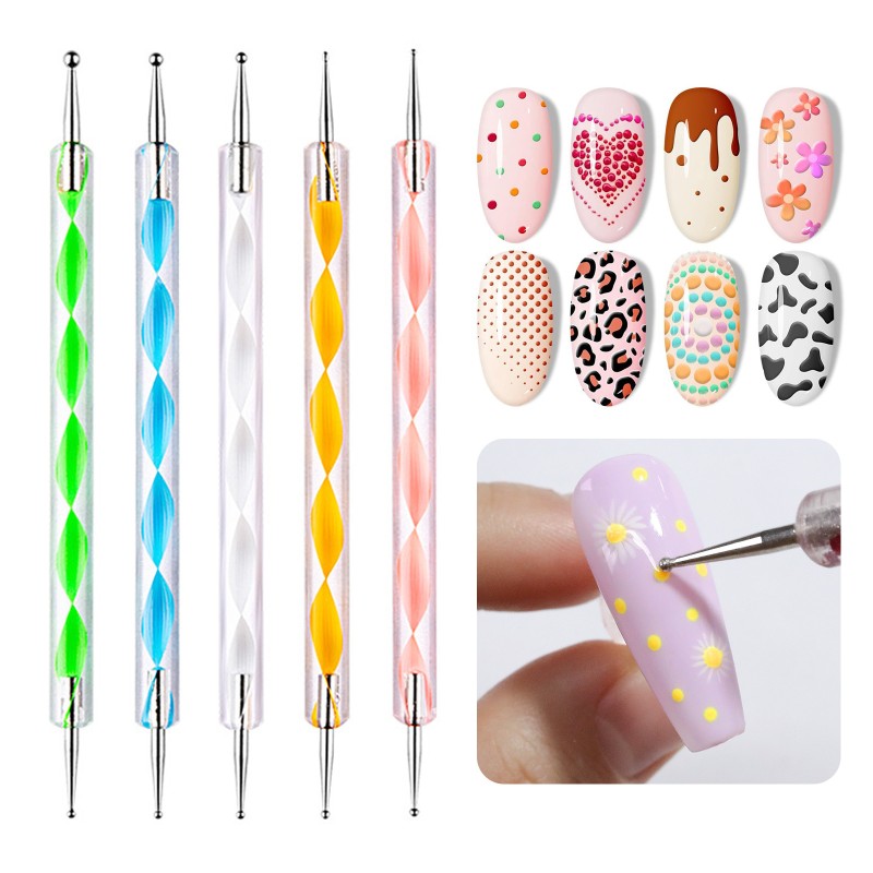 Luxury 5pcs/set Nail Art Dotting Pen with Acrylic Handle and 2 Way Rhinestone Crystal Brush Nail Art Style