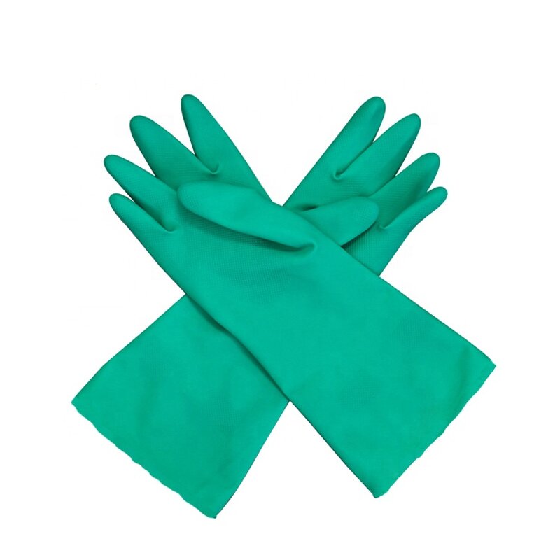 Reusable Dishwashing Gloves Factory - OEM/ODM Custom Flocking Green Nitrile Reusable Chemical Gloves