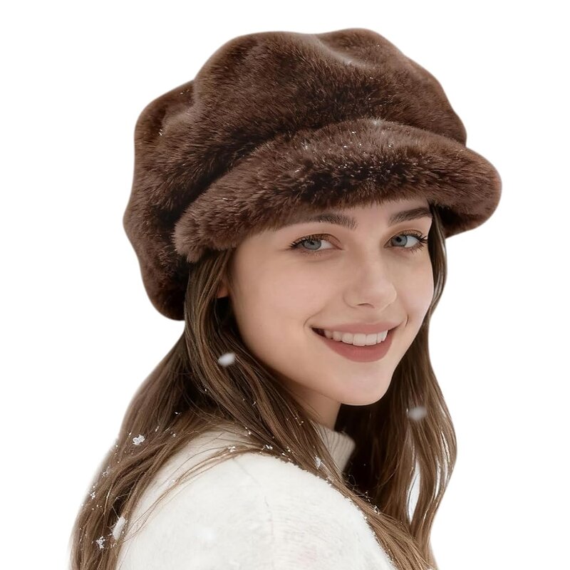 Newsboy Hat Factory - Women Winter Faux Fur Warm Plush Beret Hat Outdoor