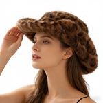 Fedora Hat Factory - Winter Plush Faux Leopard Print Fur Hat for Women