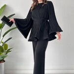 Tops Set Manufacturer - Women Solid Color Casual Loose Flared Sleeve Set