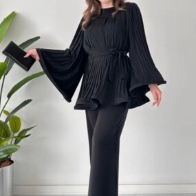 Tops Set Manufacturer - Women Solid Color Casual Loose Flared Sleeve Set