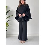 Tops Set Manufacturer - Women Solid Color Casual Loose Flared Sleeve Set