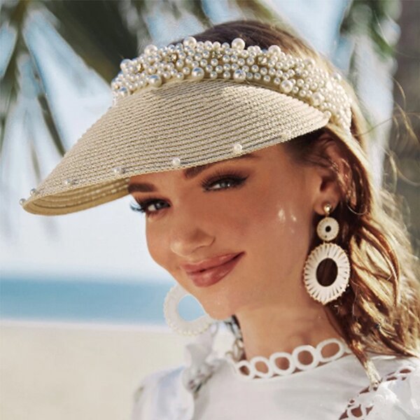 Straw Hat Supplier - Women Visor Beach Packable Straw Hat Summer with Pearl