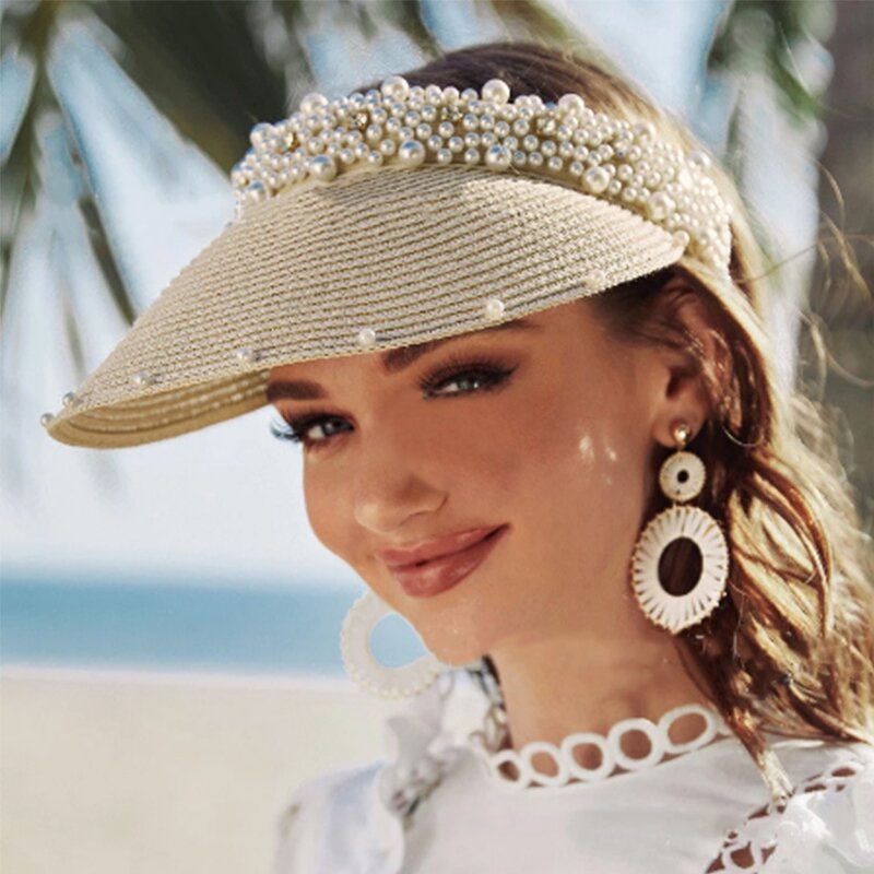 Straw Hat Supplier - Women Visor Beach Packable Straw Hat Summer with Pearl