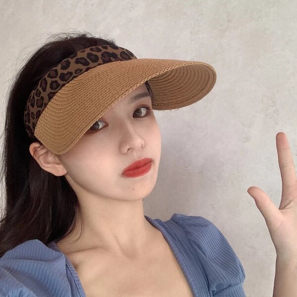Sun Visor Factory - Women Leopard Straw Sun Visor Wide Brim UV Protection