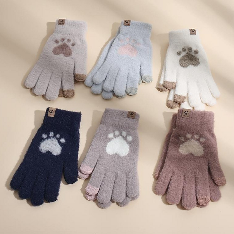 Winter Gloves Manufacturer - Cute Cat's Paw Full Finger Double Layer Knitted